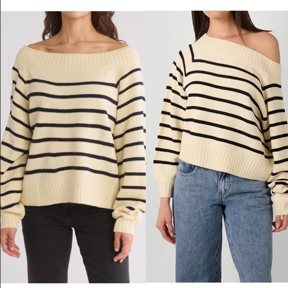 NWT WeWoreWhat Striped Off-Shoulder Sweater - Cream and Black XS ballon sleeves